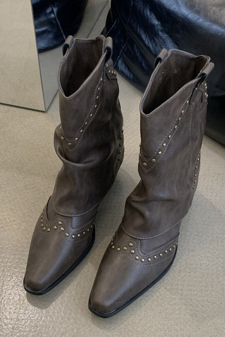 Vintage Pointed Toe Rivet Mid-Calf Boots