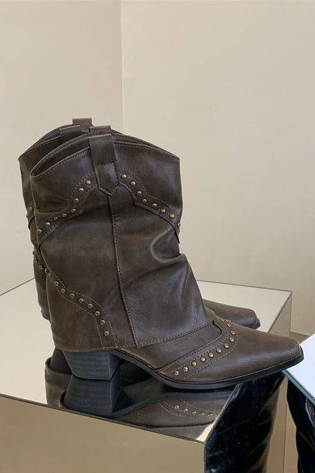 Vintage Pointed Toe Rivet Mid-Calf Boots