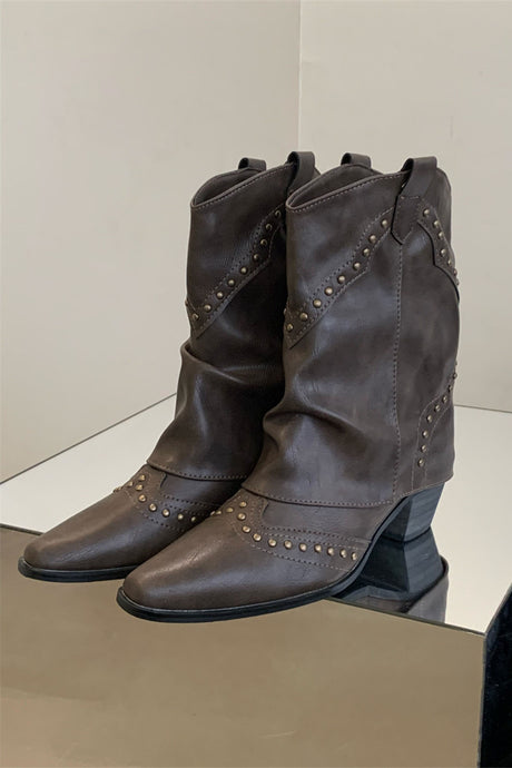 Vintage Pointed Toe Rivet Mid-Calf Boots