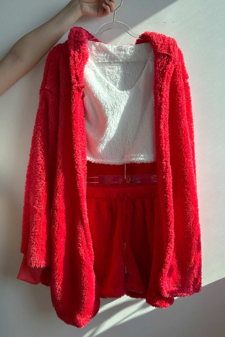 Plush Open-Front Hoodie Vest Three Piece Shorts Set