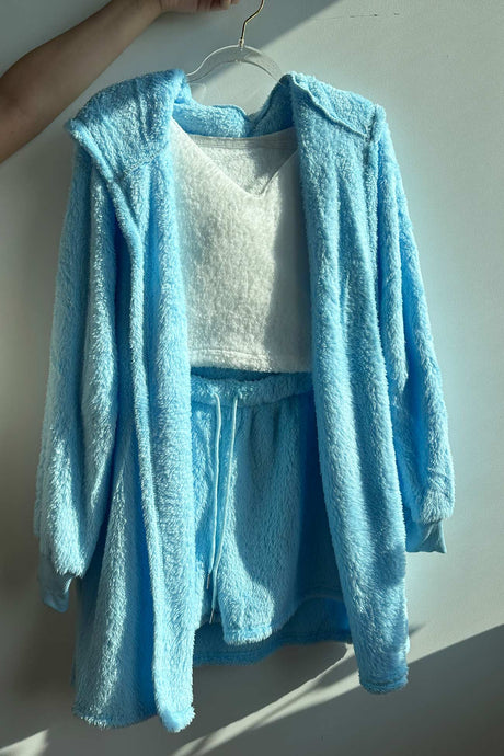 Plush Open-Front Hoodie Vest Three Piece Shorts Set