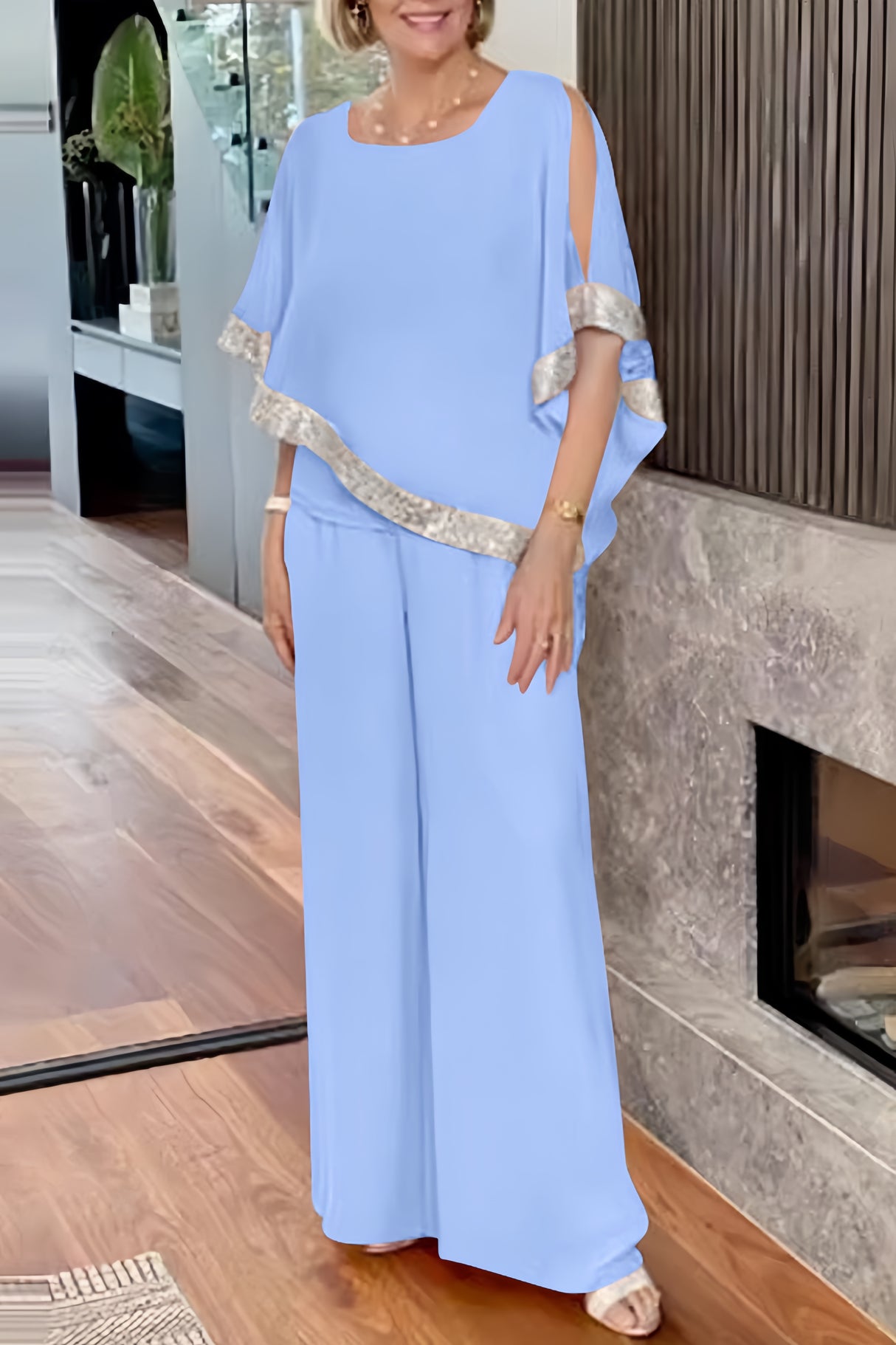 Sequins Patchwork Slit Bat Sleeve Long Pants Suits