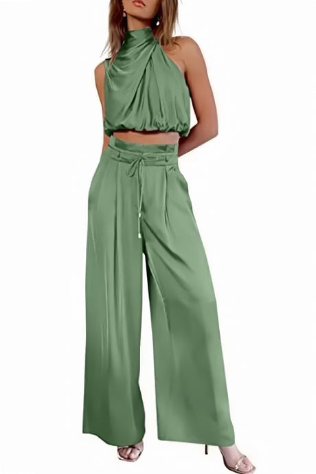 Arolora satin-mock-neck-crop-top-pants-suits
