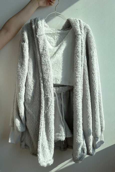 Plush Open-Front Hoodie Vest Three Piece Shorts Set