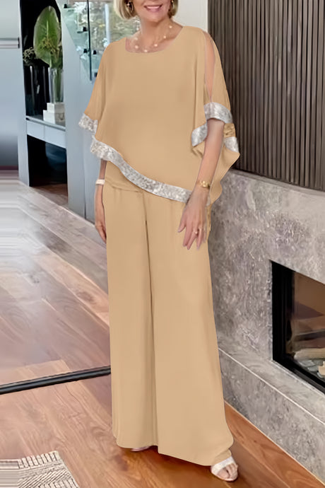 Sequins Patchwork Slit Bat Sleeve Long Pants Suits