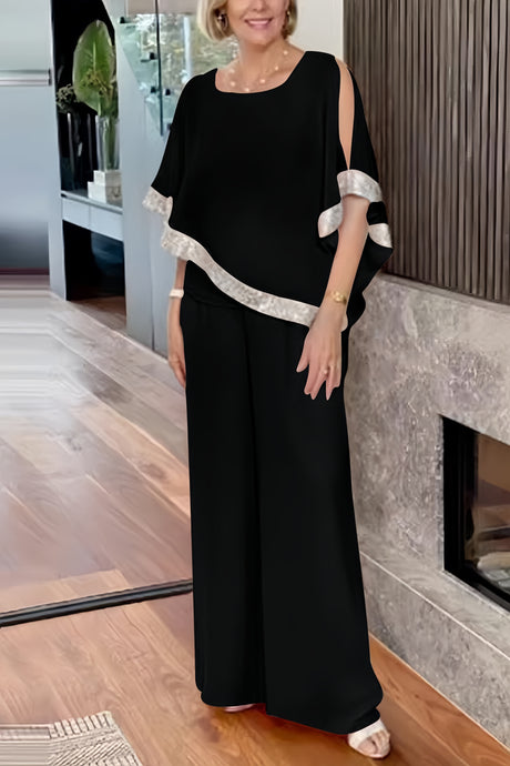 Sequins Patchwork Slit Bat Sleeve Long Pants Suits