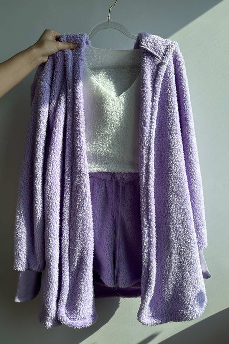 Plush Open-Front Hoodie Vest Three Piece Shorts Set