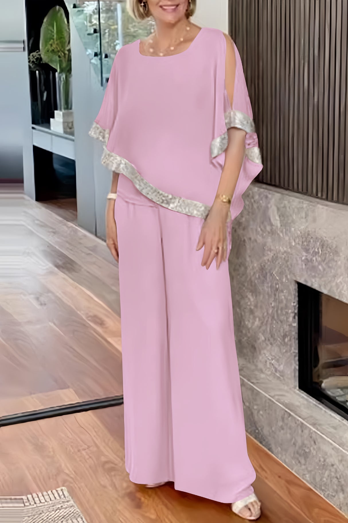 Sequins Patchwork Slit Bat Sleeve Long Pants Suits