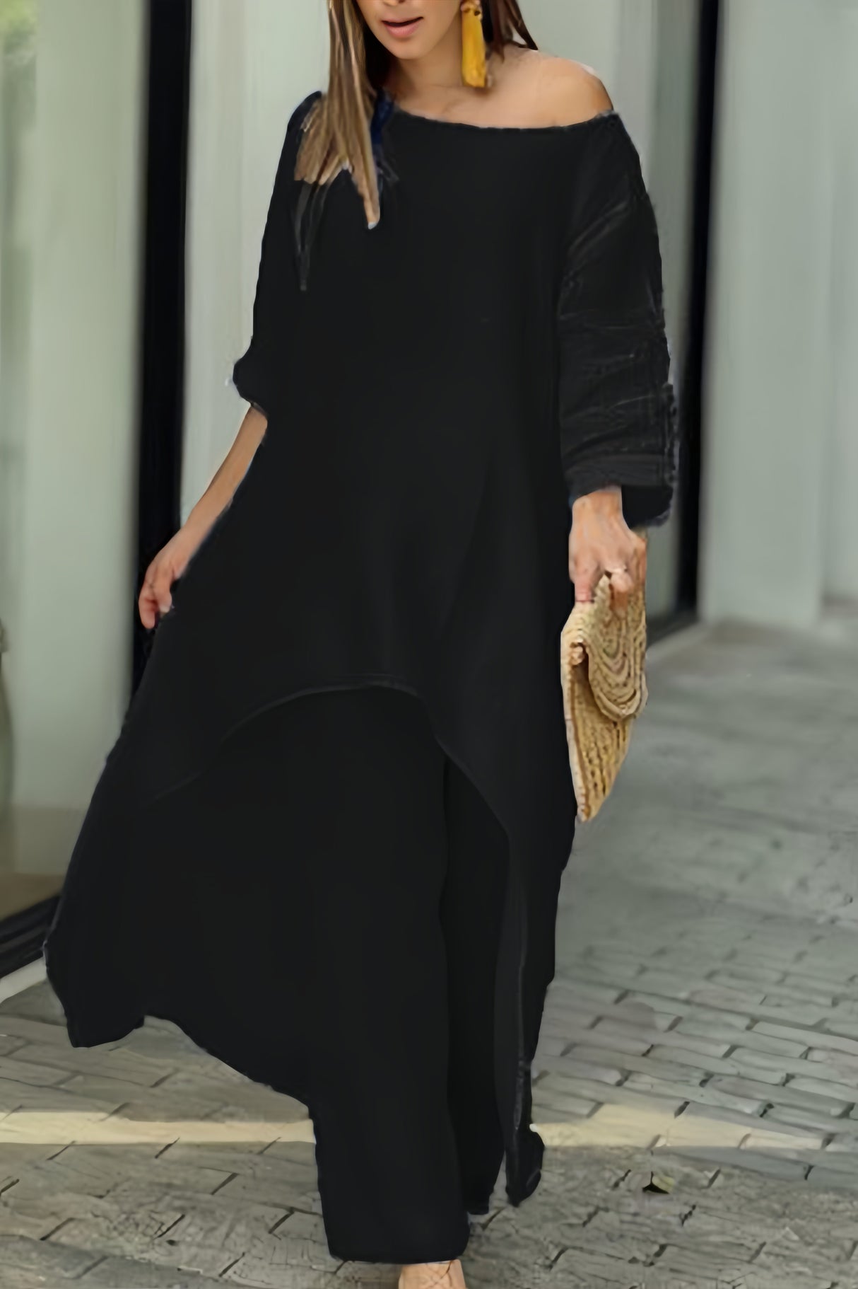 Arolora cotton-drop-shoulder-irregular-tops-pants-set