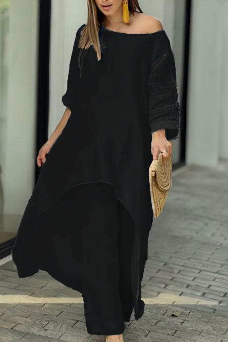 Arolora cotton-drop-shoulder-irregular-tops-pants-set