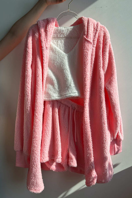 Plush Open-Front Hoodie Vest Three Piece Shorts Set