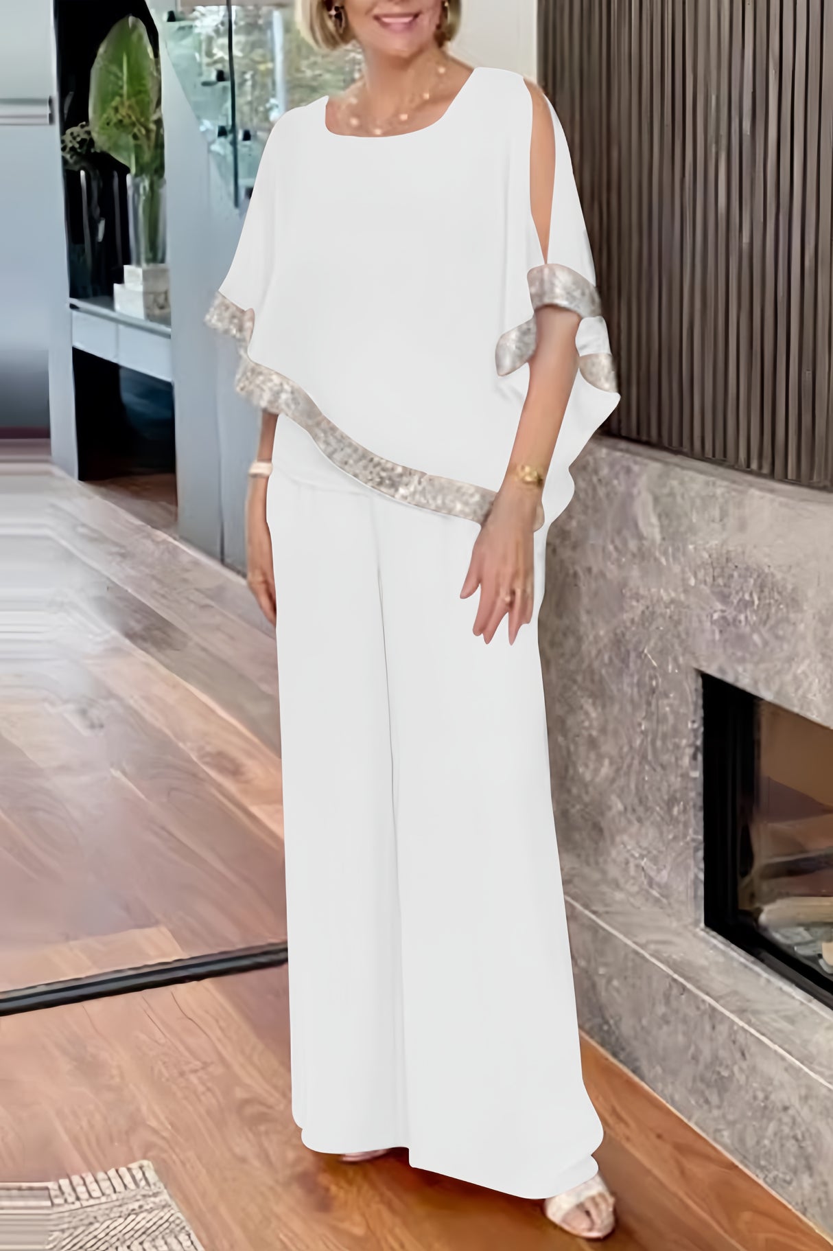 Sequins Patchwork Slit Bat Sleeve Long Pants Suits