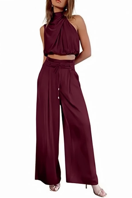 Arolora satin-mock-neck-crop-top-pants-suits