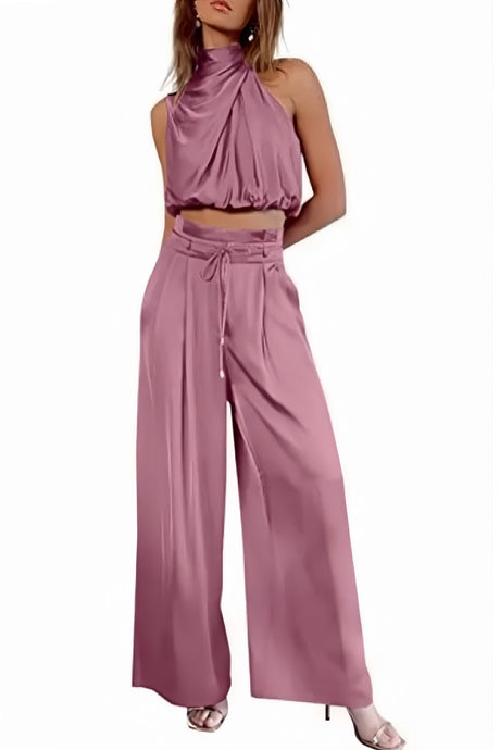 Arolora satin-mock-neck-crop-top-pants-suits