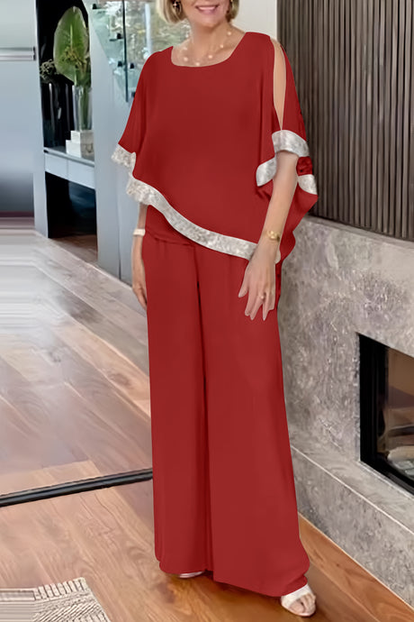 Sequins Patchwork Slit Bat Sleeve Long Pants Suits