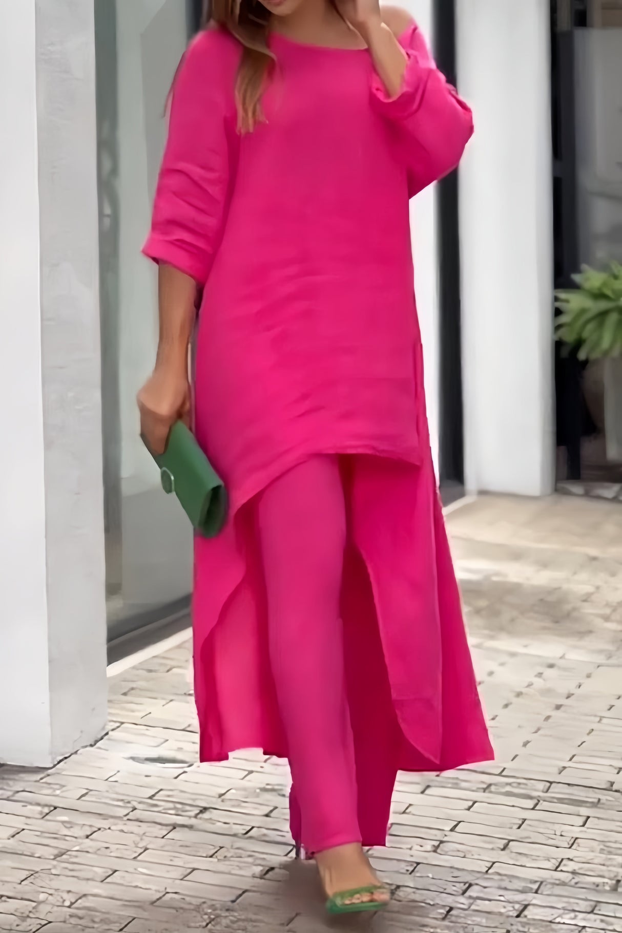 Arolora cotton-drop-shoulder-irregular-tops-pants-set