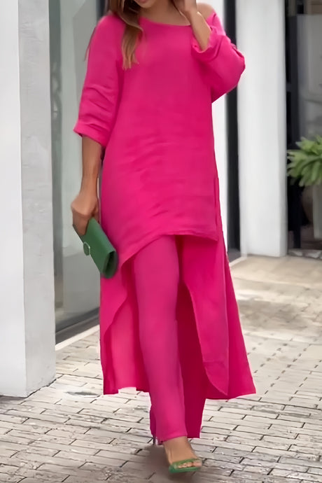 Arolora cotton-drop-shoulder-irregular-tops-pants-set