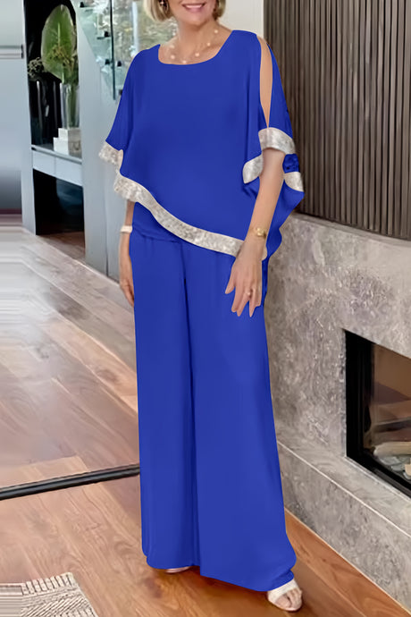 Sequins Patchwork Slit Bat Sleeve Long Pants Suits