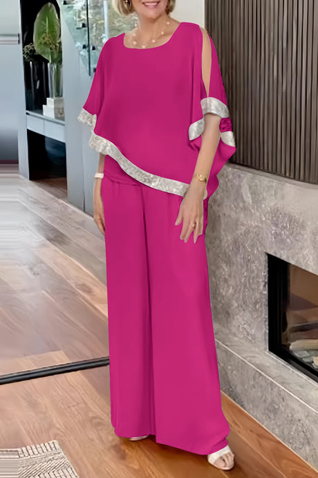 Sequins Patchwork Slit Bat Sleeve Long Pants Suits