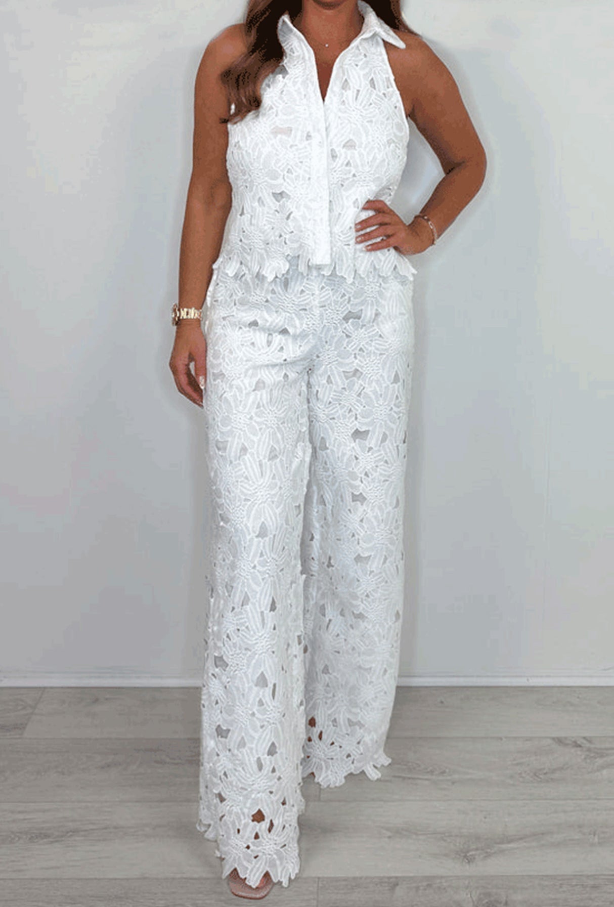 Lapel Hollow Out Lace Vest Pants Set