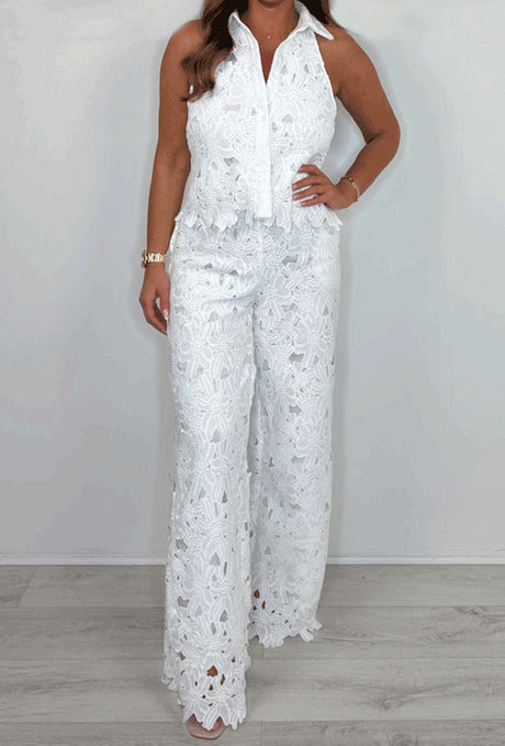 Lapel Hollow Out Lace Vest Pants Set