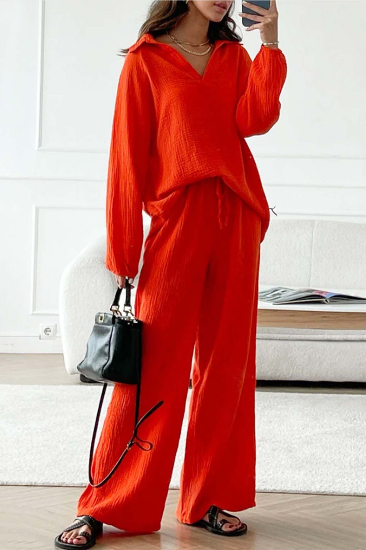 Lapel Drawstring Wide Leg Pants Two-piece Set