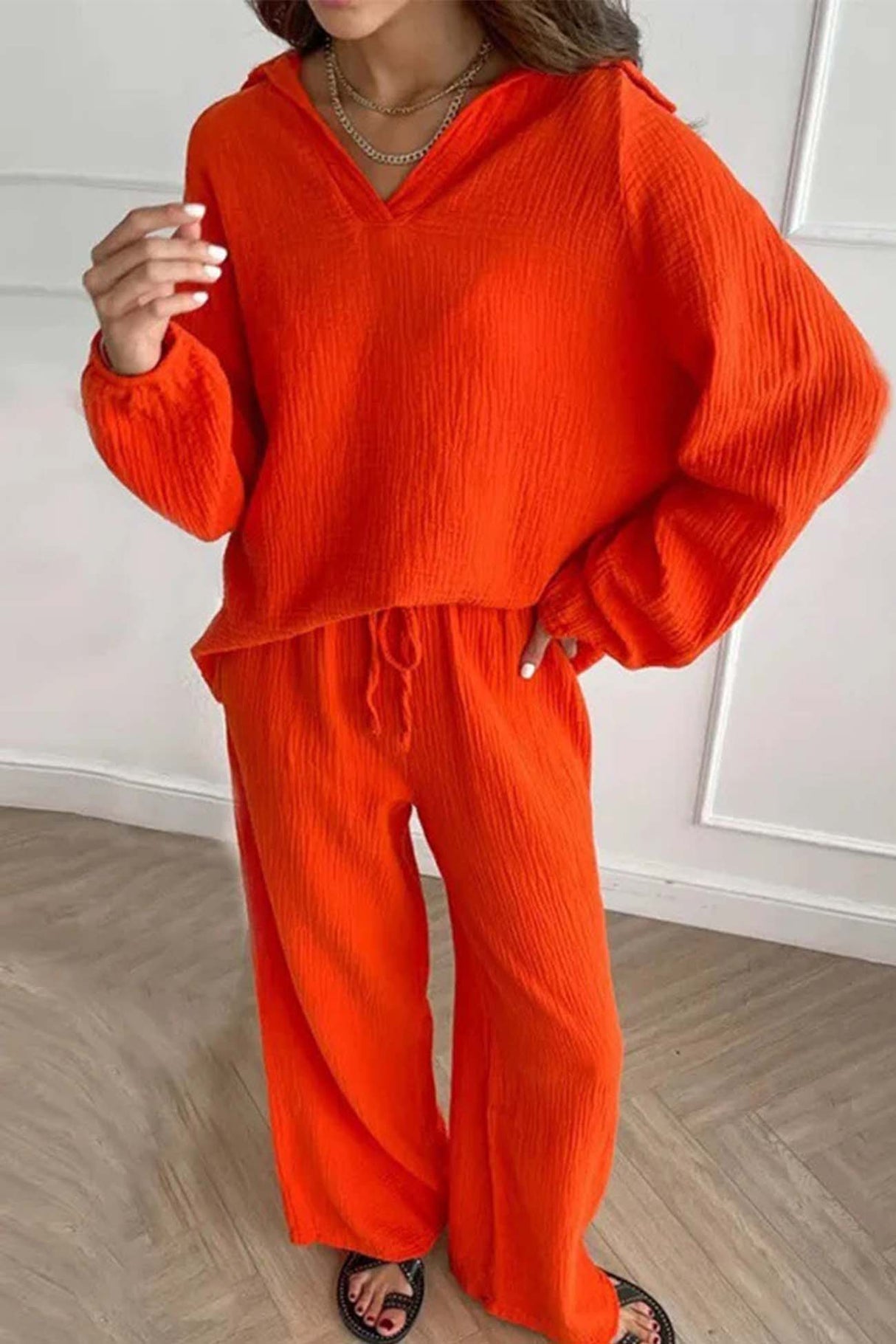 Lapel Drawstring Wide Leg Pants Two-piece Set