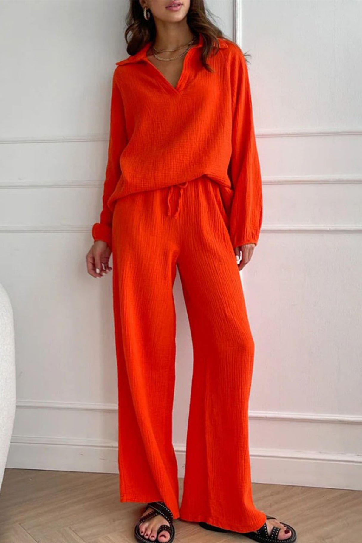 Lapel Drawstring Wide Leg Pants Two-piece Set