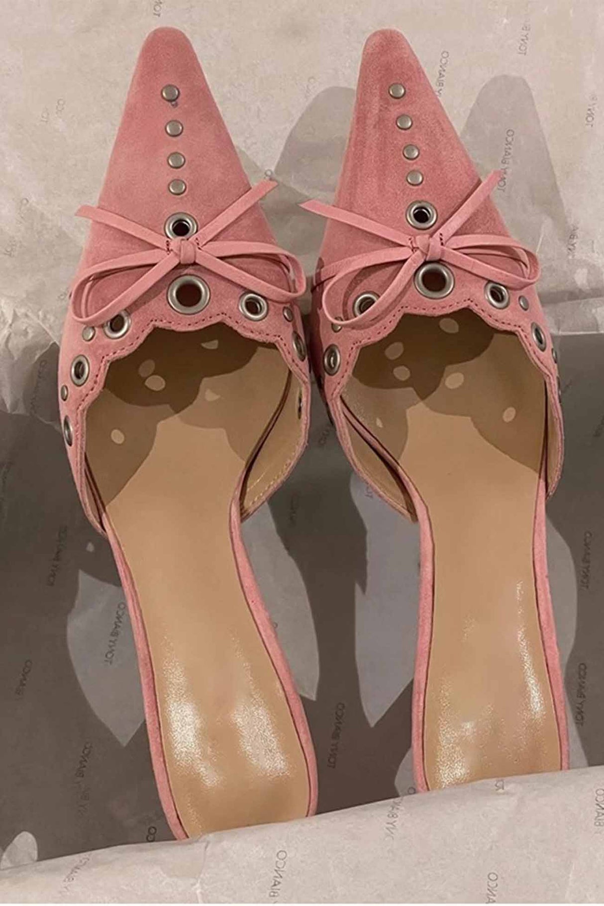Suede Point Toe Bow Hollow Mule Pumps