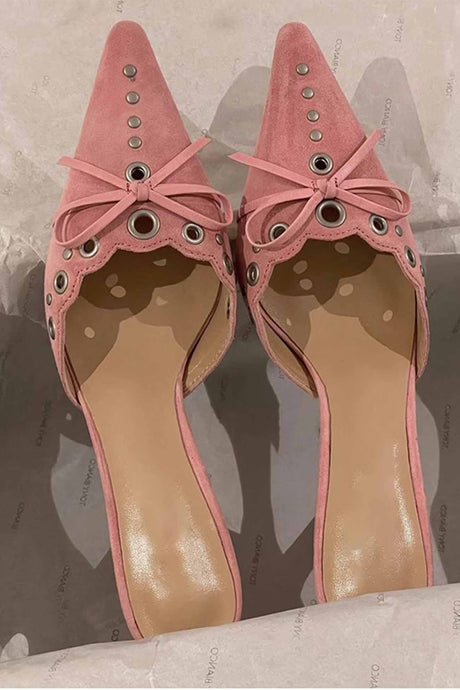 Suede Point Toe Bow Hollow Mule Pumps
