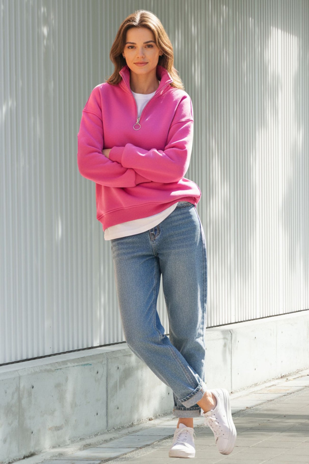 Lapel Solid Zipped Sweatshirt