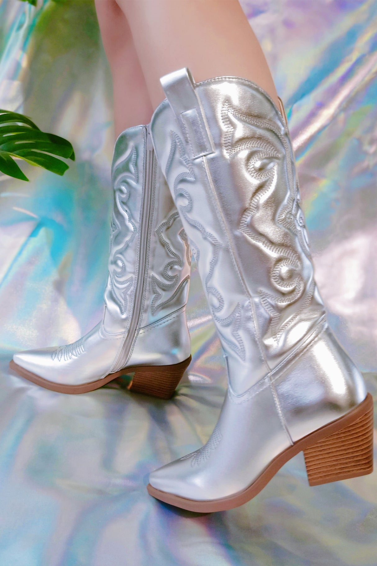 Metallic Square Toe Knee High Cowboy Boots