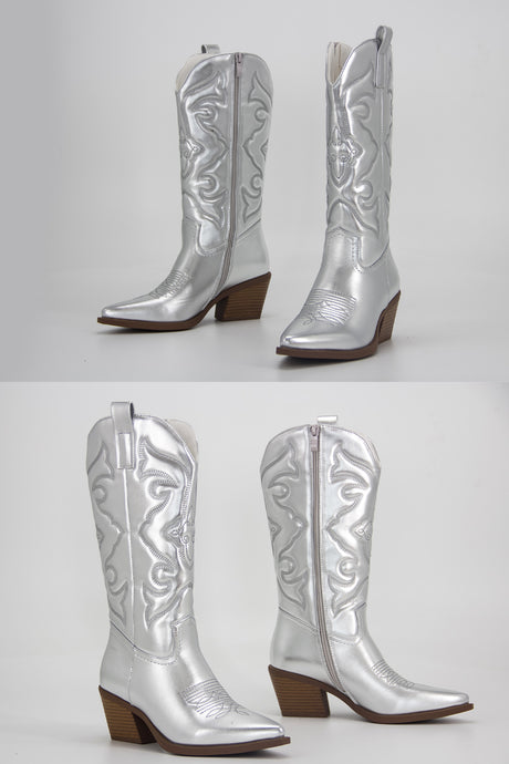 Metallic Square Toe Knee High Cowboy Boots