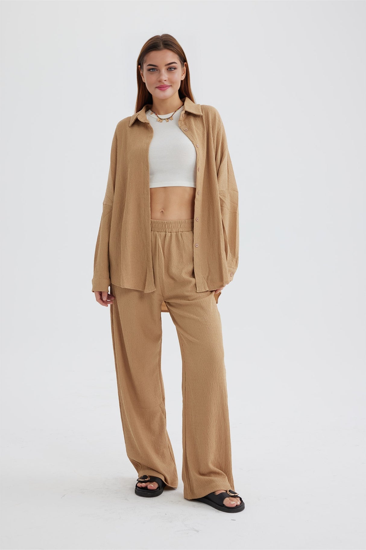 Two Piece Solid Color Long Sleeve Shirt Long Pants Set