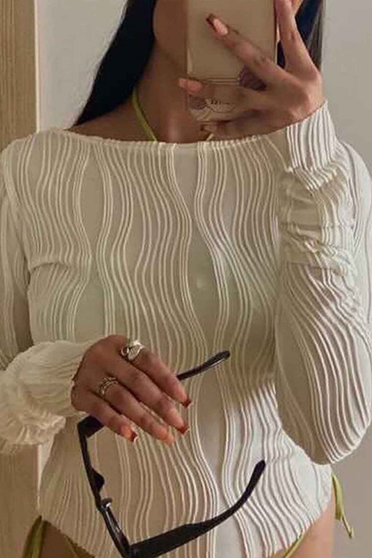 Crew Neck Textured Long Sleeve Top