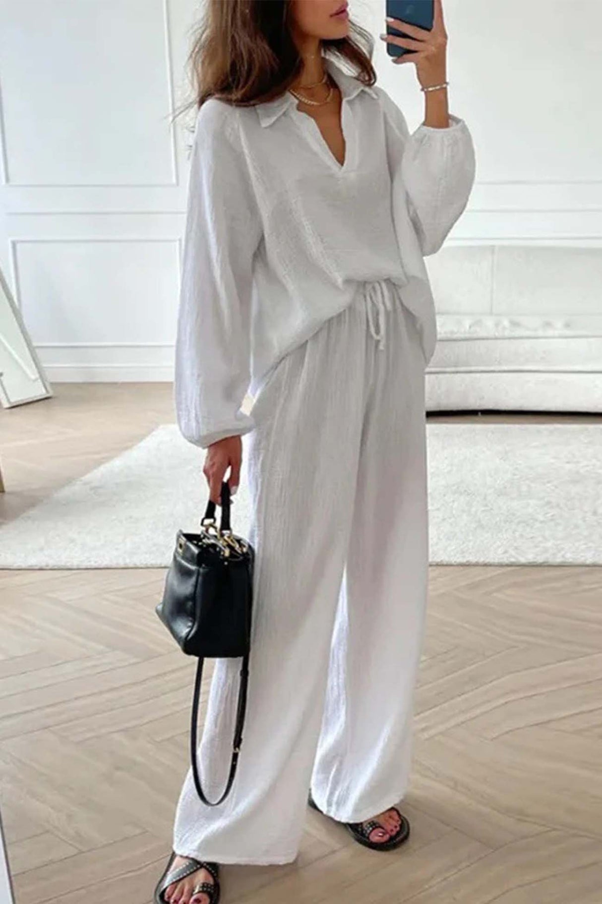 Lapel Drawstring Wide Leg Pants Two-piece Set