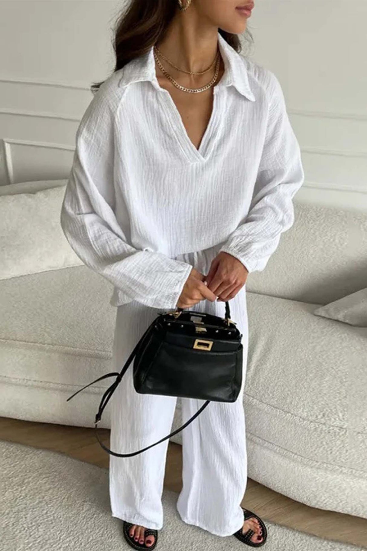 Lapel Drawstring Wide Leg Pants Two-piece Set