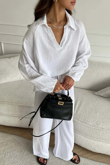 Lapel Drawstring Wide Leg Pants Two-piece Set