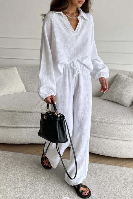 Lapel Drawstring Wide Leg Pants Two-piece Set