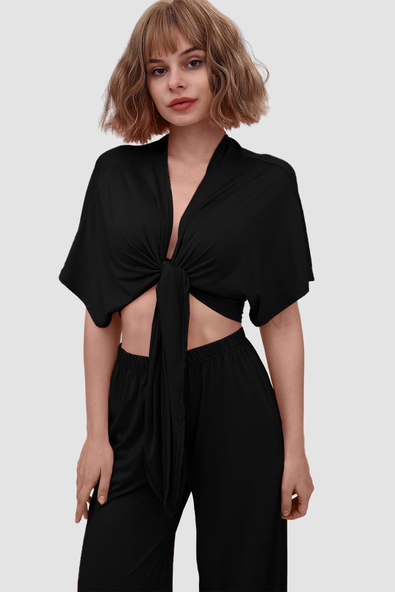 Deep V-neck Top & Elastic Wide Leg Pants