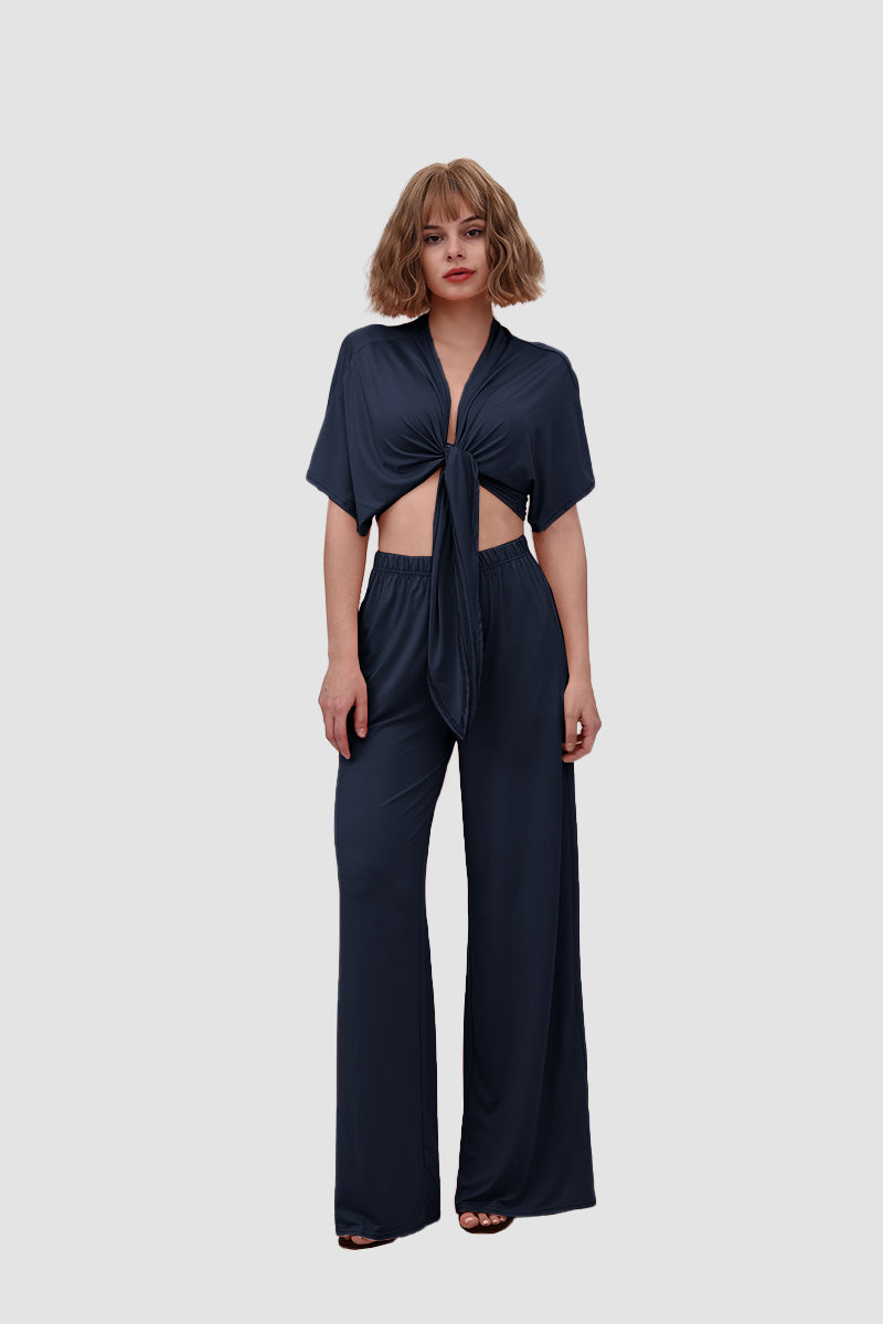 Deep V-neck Top & Elastic Wide Leg Pants