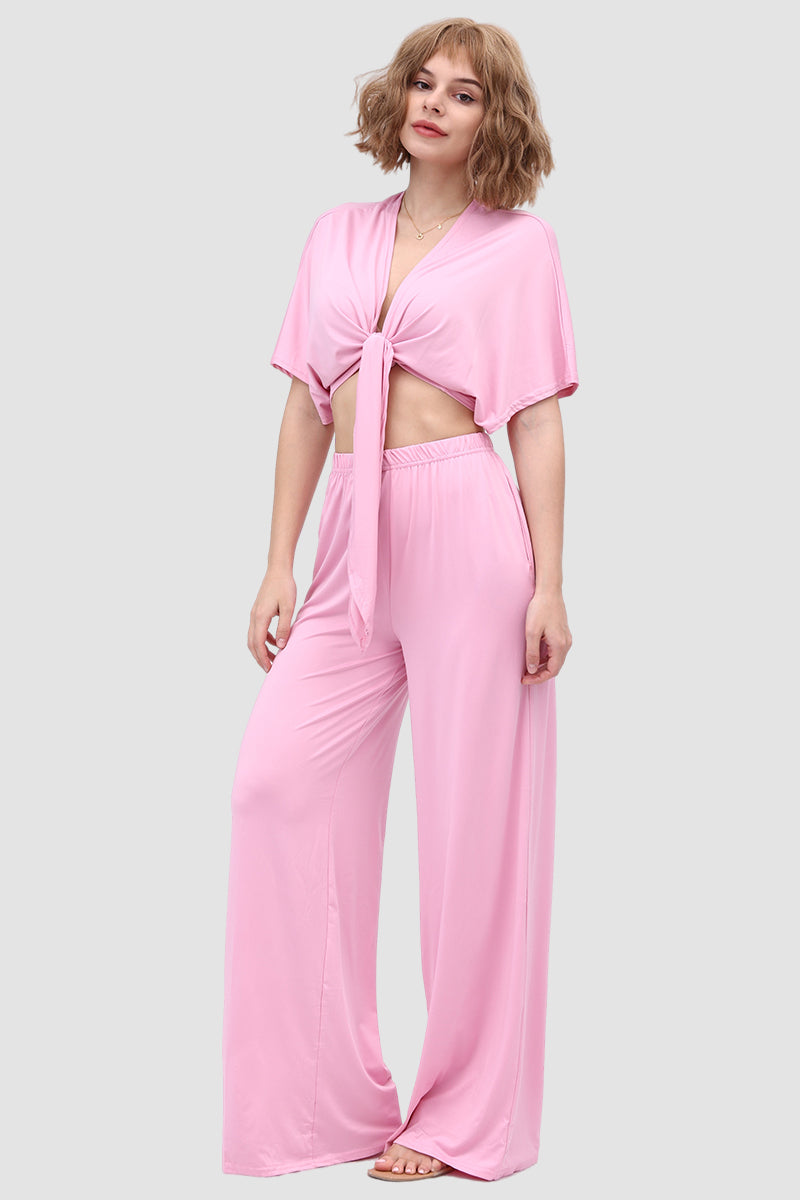 Deep V-neck Top & Elastic Wide Leg Pants