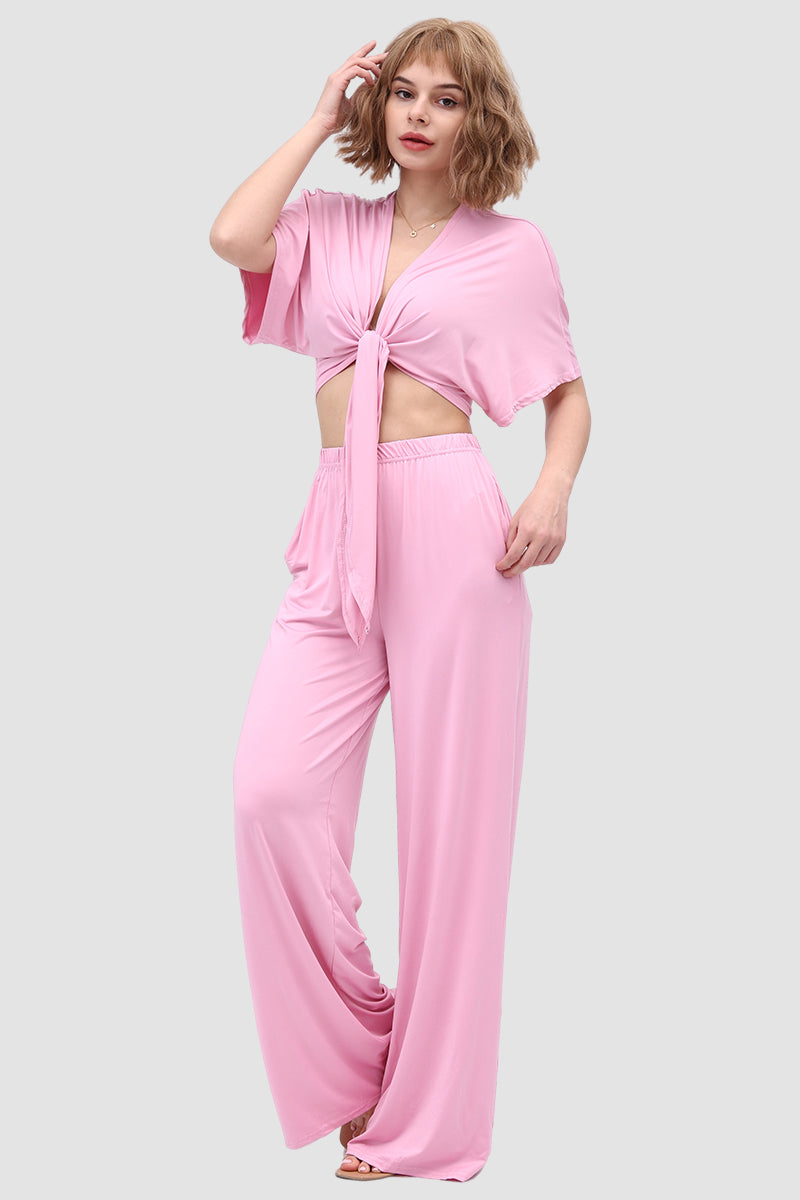 Deep V-neck Top & Elastic Wide Leg Pants