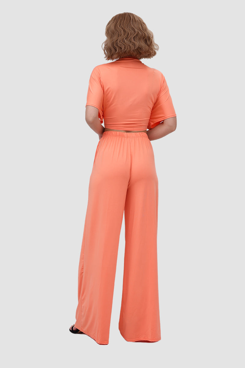 Deep V-neck Top & Elastic Wide Leg Pants