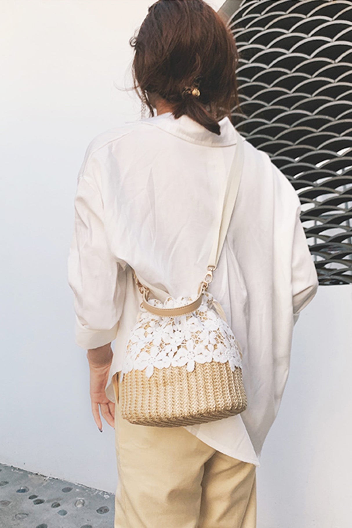 Handmade Straw Lace Bucket Bag