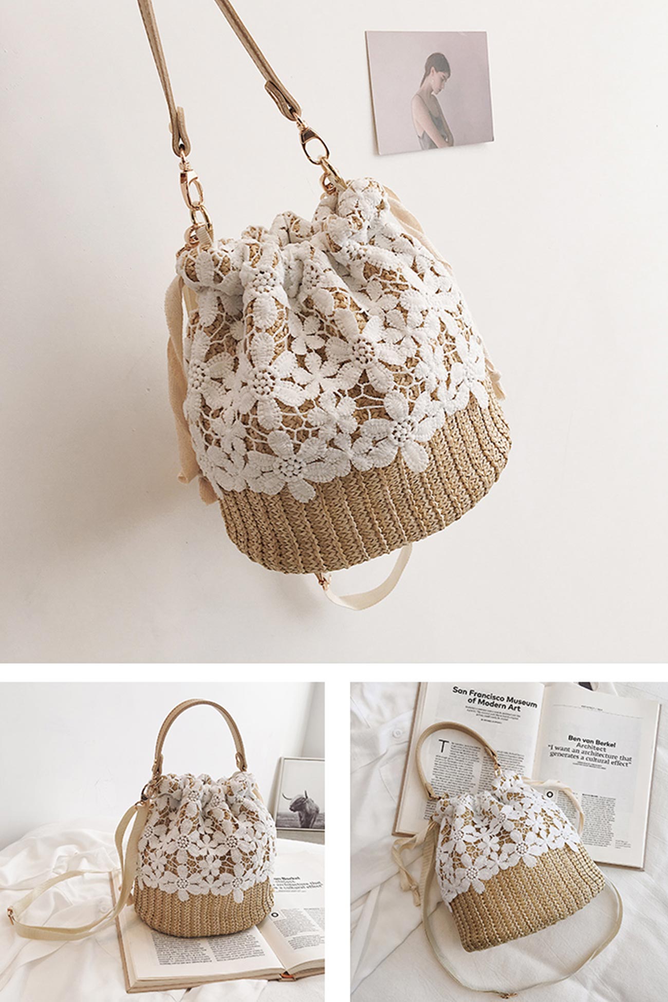 Handmade Straw Lace Bucket Bag