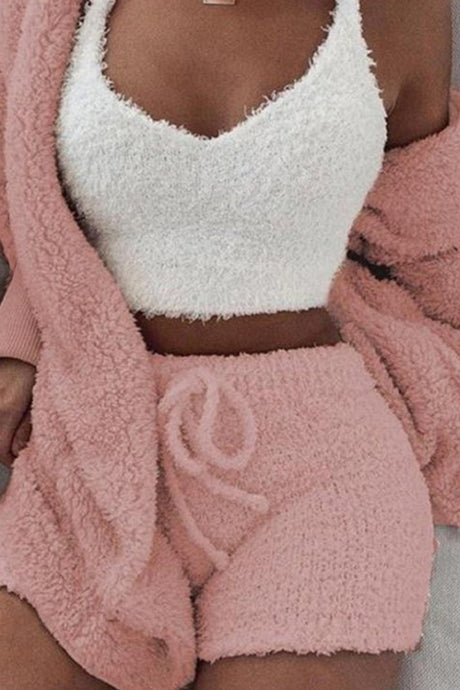 Plush Open-Front Hoodie Vest Three Piece Shorts Set