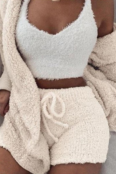 Plush Open-Front Hoodie Vest Three Piece Shorts Set