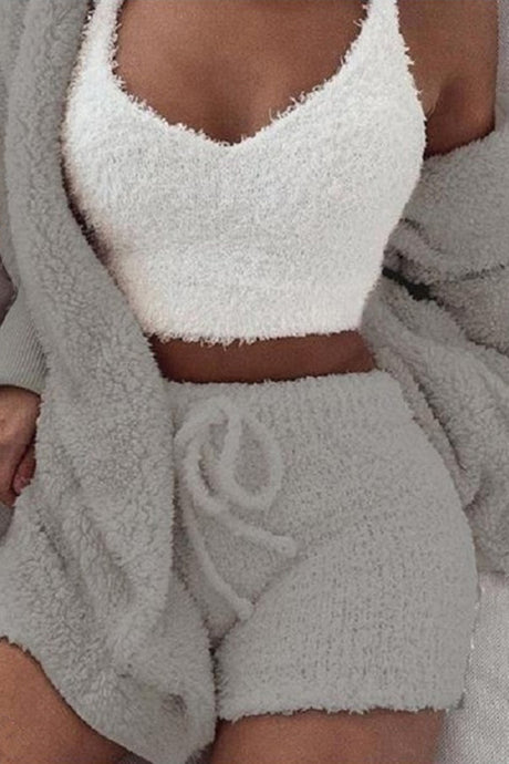 Plush Open-Front Hoodie Vest Three Piece Shorts Set