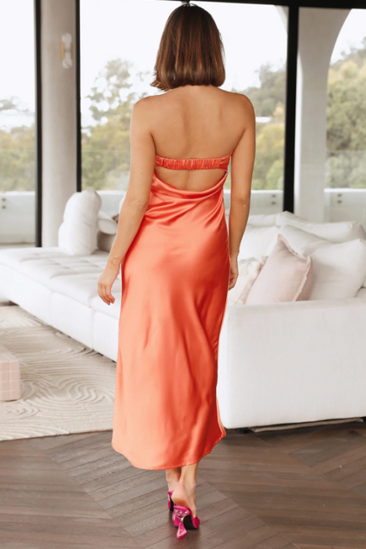 Satin Solid Color Strapless Midi Dress